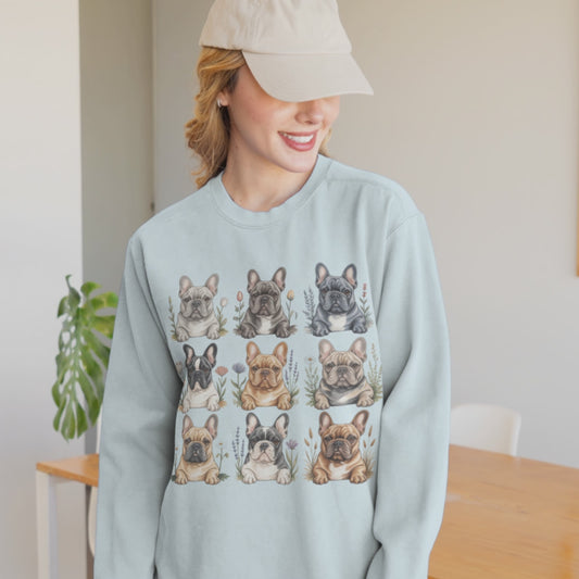 Video of happy woman wearing the light blue chambray long sleeve with a watercolor French Bulldog floral grid design.
