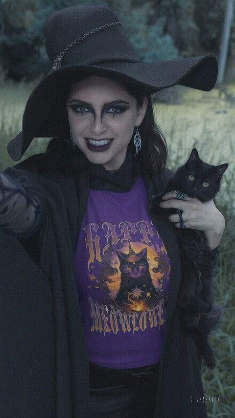 A smiling woman wears a purple “Happy Meowloween” t-shirt featuring a Halloween-themed cat graphic. She stands confidently, turning slightly to show the shirt’s design, in an outdoor setting with her black cat.