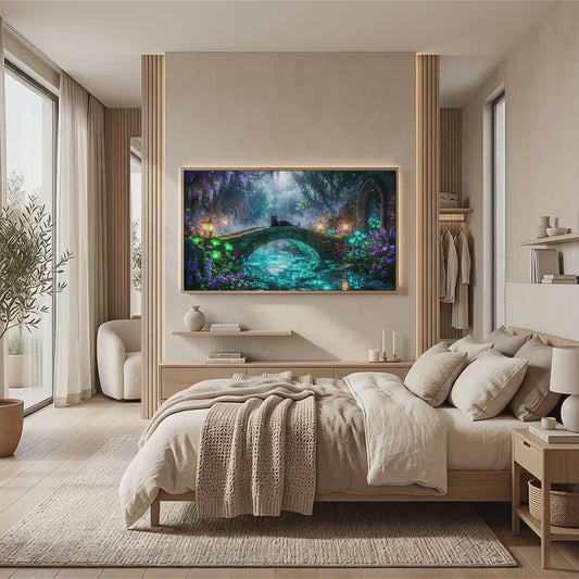 Black Cat Enchanted Bridge TV Art | Moonlit Fantasy Garden | 4K Frame TV Download