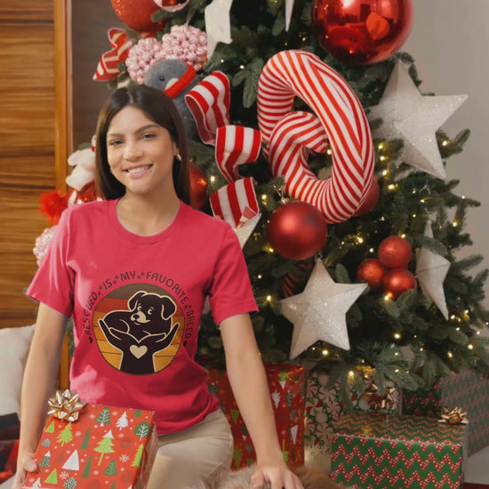 Video of woman wearing Rescued Is My Favorite Breed T-Shirt in Heather Red – Dog Adoption Awareness Gift