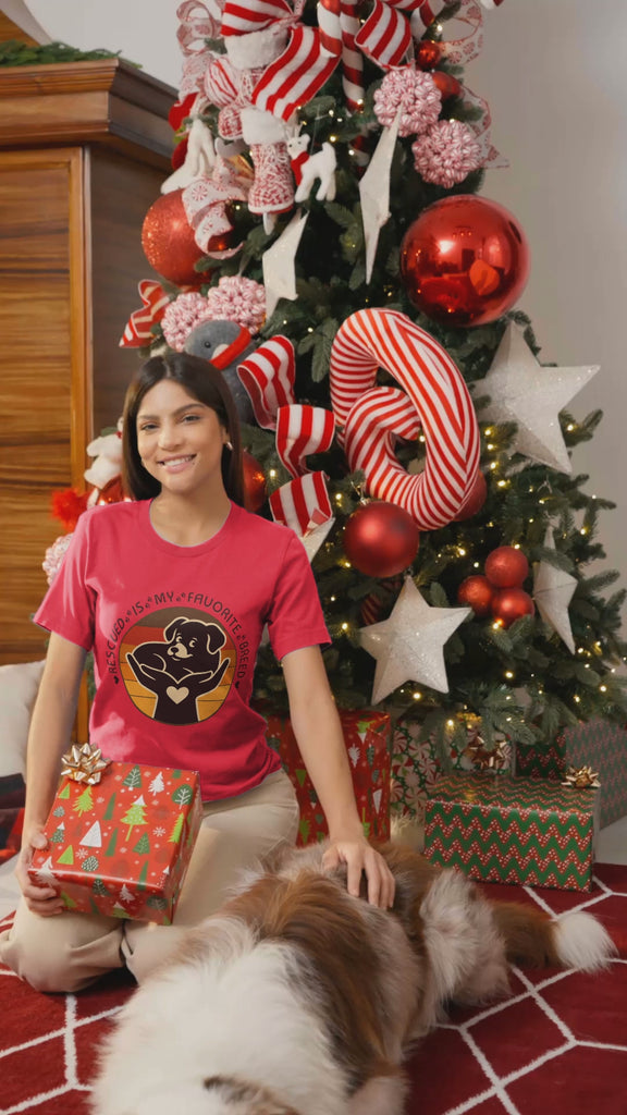 Video of woman wearing Rescued Is My Favorite Breed T-Shirt in Heather Red – Dog Adoption Awareness Gift