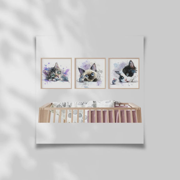 Watercolor Kitten Prints – Nursery Wall Art, Cat Trio (Digital Download)