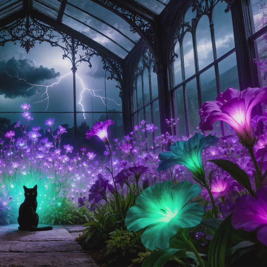 Black Cat Greenhouse Art | Moonlit Garden, Witchcore Decor (Digital Download)