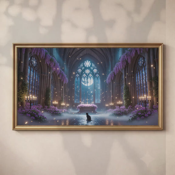 Gothic Cathedral Black Cat Art | Moonlit Sanctuary Frame TV (Digital Download)