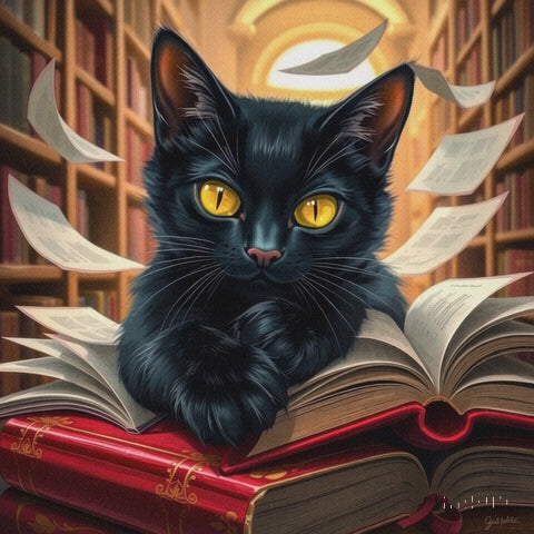 Enchanted ceramic mug black cat coming to life and perched on a stack of books with golden pages floating through an enchanted library