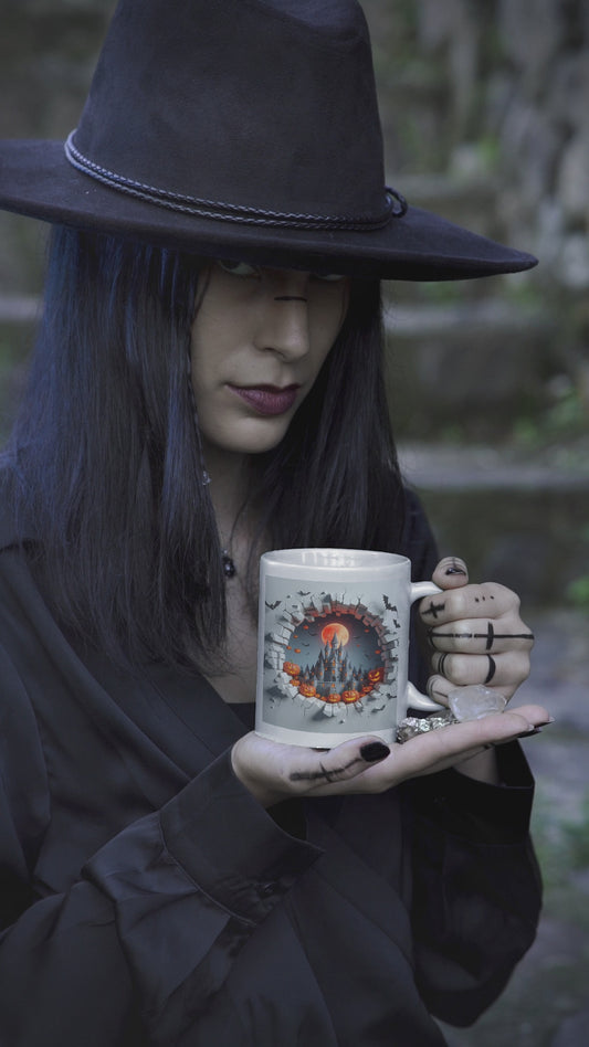 Video of witchy woman hold Halloween mug