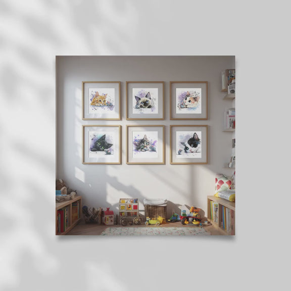 Kitten Nursery Wall Art Set of 6 • Baby Room Cat Prints • Digital Download