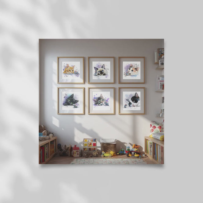 Kitten Nursery Wall Art Set of 6 • Baby Room Cat Prints • Digital Download