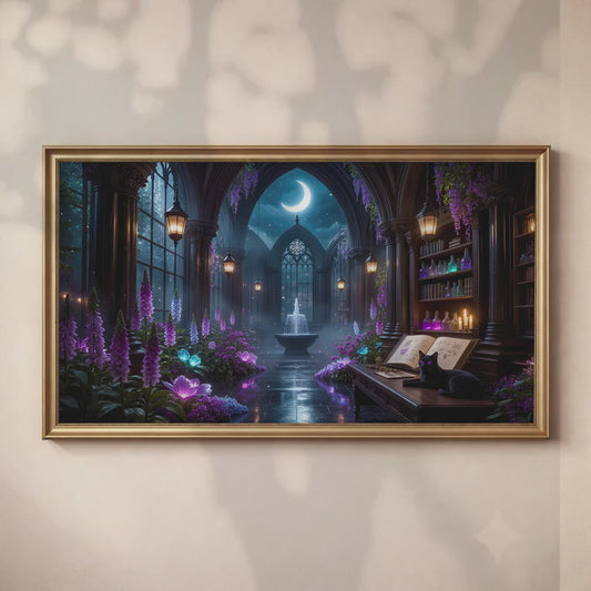 Black Cat Conservatory Art | Moonlit Gothic Library Frame TV (Digital Download)