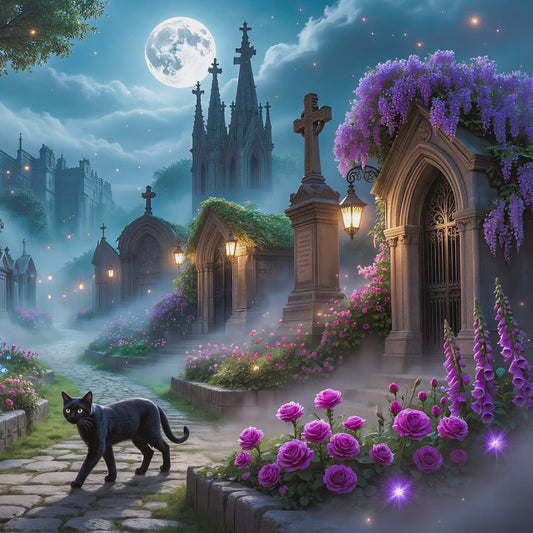 Gothic Cemetery Black Cat Art | Moonlit Graveyard TV Display (Digital Download)