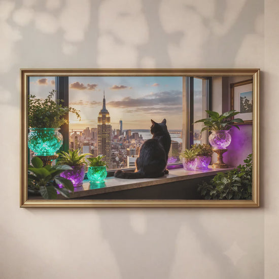 Black Cat Manhattan Skyline Art | Luxury City View Frame TV Art (4K Digital Download)
