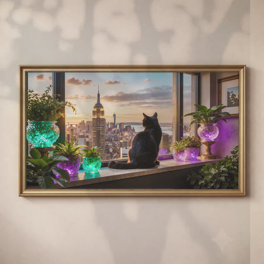 Black Cat Manhattan Skyline Art | Luxury City View Frame TV Art (4K Digital Download)