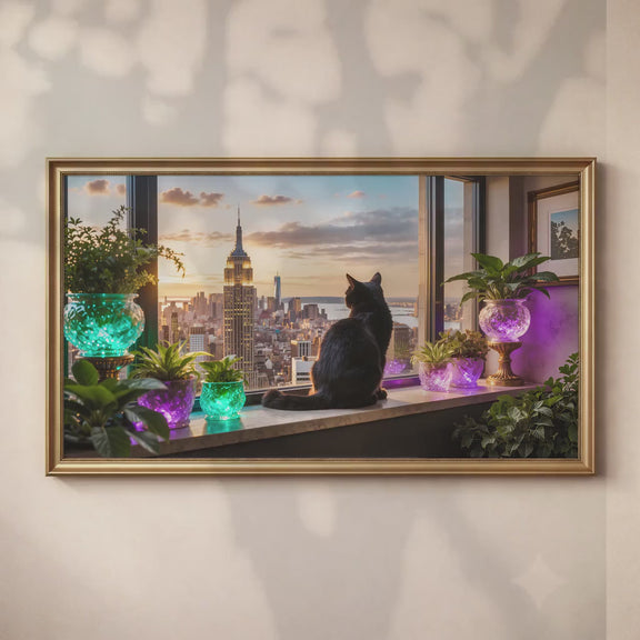 Black Cat Manhattan Skyline Art | Luxury City View Frame TV Art (4K Digital Download)