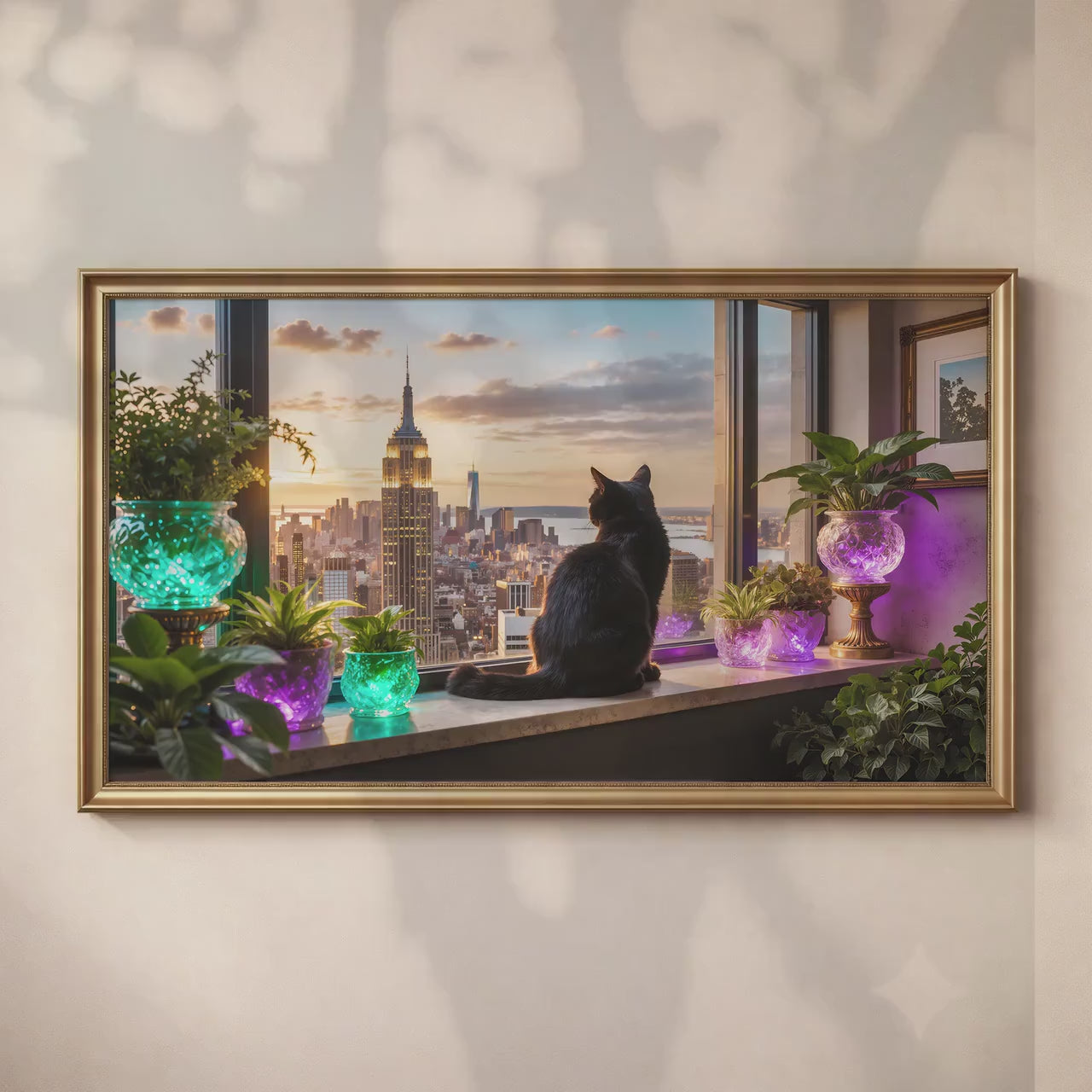 Black Cat Manhattan Skyline Art | Luxury City View Frame TV Art (4K Digital Download)
