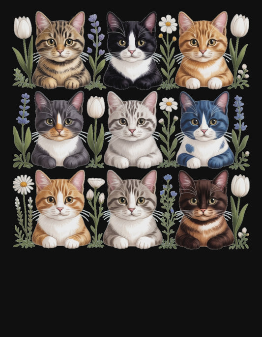 Video showcasing the Cottagecore Cats design with nine illustrated cats surrounded by flowers, displayed on apparel. The clip highlights the artwork details, colors, and cozy aesthetic