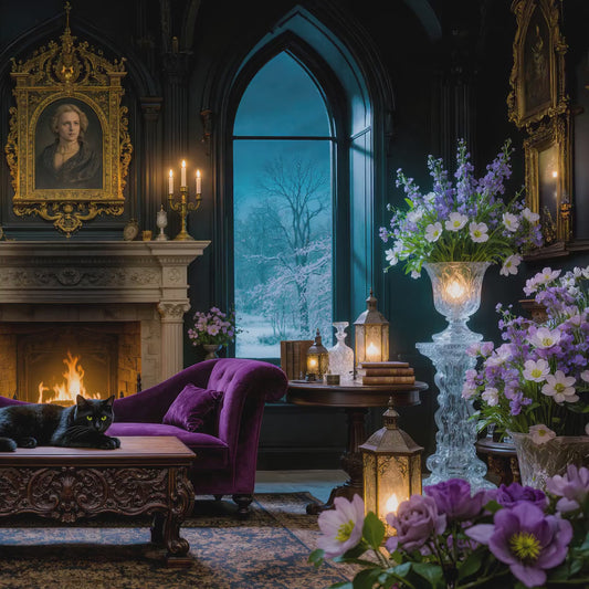 Gothic Parlor Black Cat Art | Moonlit Victorian Living Room, Dark Academia (Digital Download)