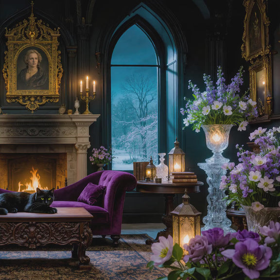 Gothic Parlor Black Cat Art | Moonlit Victorian Living Room, Dark Academia (Digital Download)