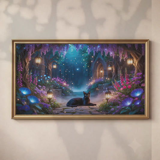 Enchanted Garden Black Cat Art | Fantasy Moonlit Sanctuary TV Display (4K Digital Download)