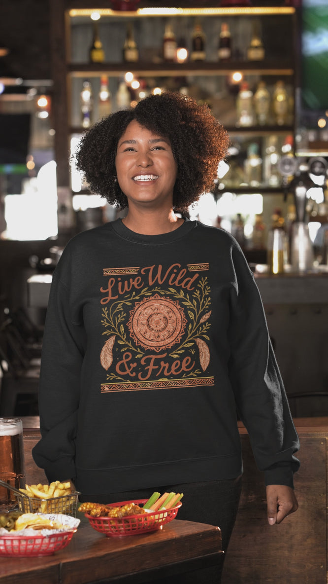 Video of a cheerful woman wearing the Live Wild & Free boho mandala sweatshirt in a sports bar-themed setting