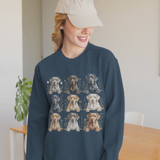 Video of a happy woman wearing the true navy long sleeve shirt with watercolor Labrador retriever dogs and florals – Comfort Colors 6014