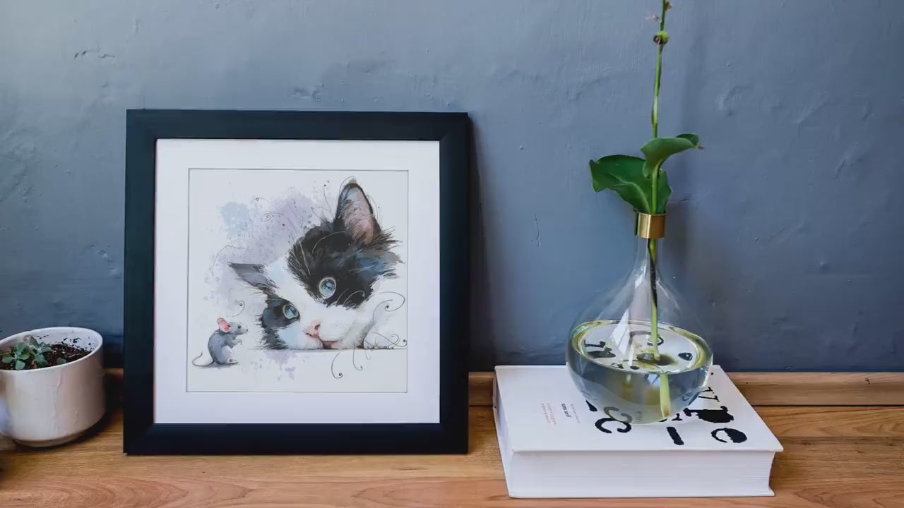 Watercolor Tuxedo Kitten Print, Blue Eyes, Nursery Wall Art (Digital Download)