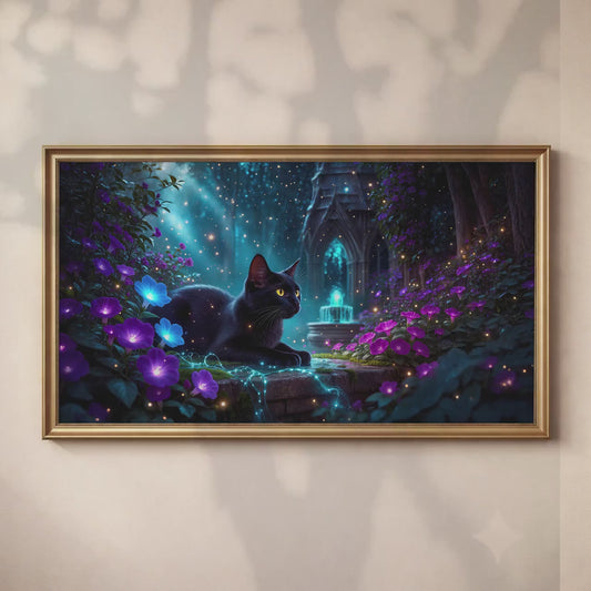 Black Cat Enchanted Garden Art | Moonlit Fantasy TV Decor (Digital Download)