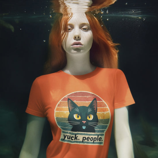 AI woman under water, showing off the "yuck. people" t-shirt.