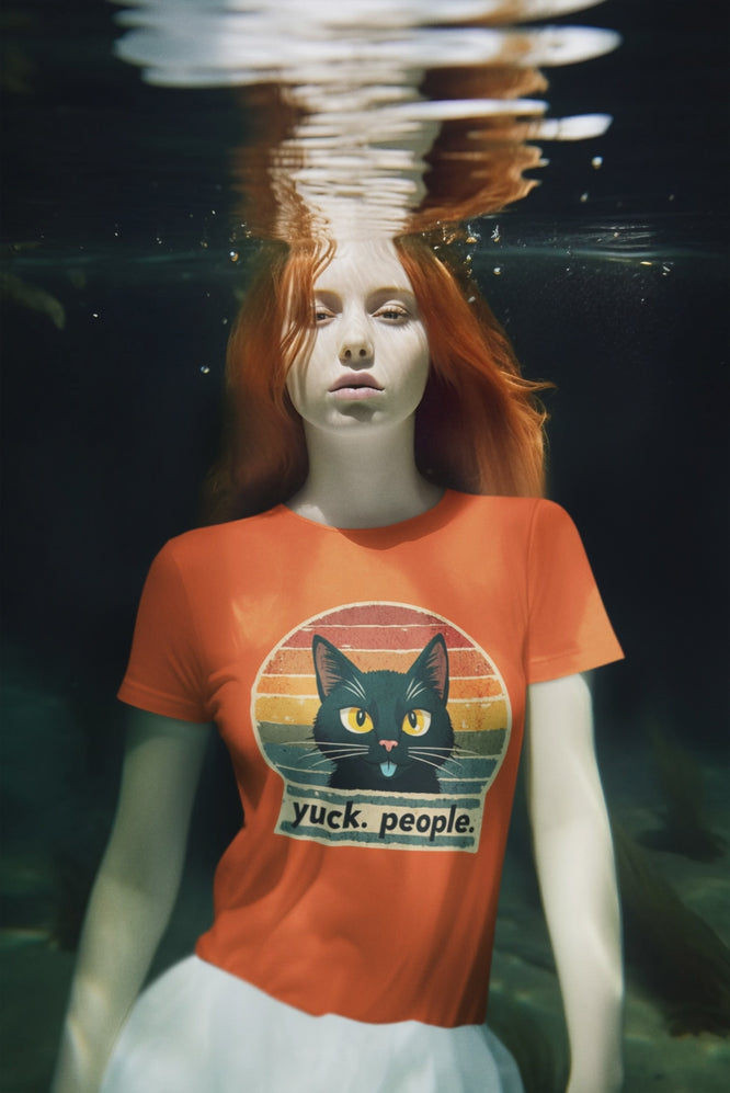 AI woman under water, showing off the "yuck. people" t-shirt.
