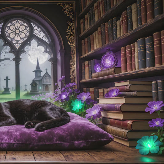 Sleeping Black Cat Library Art | Gothic Dark Academia Frame TV (Digital Download)