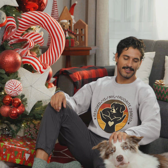 Video of man in Rescued Is My Favorite Breed Dog Rescue Sweatshirt, in Sports Grey.