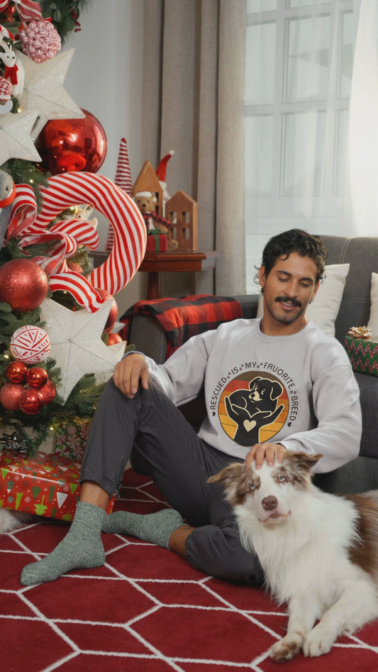 Video of man in Rescued Is My Favorite Breed Dog Rescue Sweatshirt, in Sports Grey.