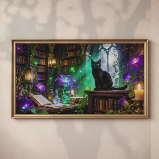 Black Cat Witch Library Art | Gothic Dark Academia Decor (Digital Download)