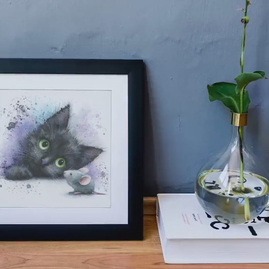 Black Kitten Watercolor Print | Cat & Mouse Nursery Art (Digital Download)