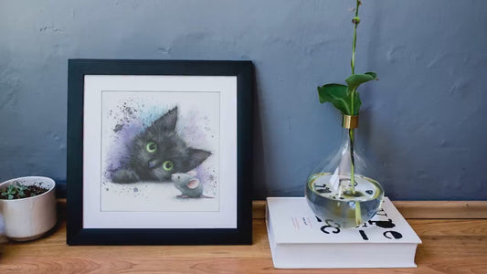 Black Kitten Watercolor Print | Cat & Mouse Nursery Art (Digital Download)