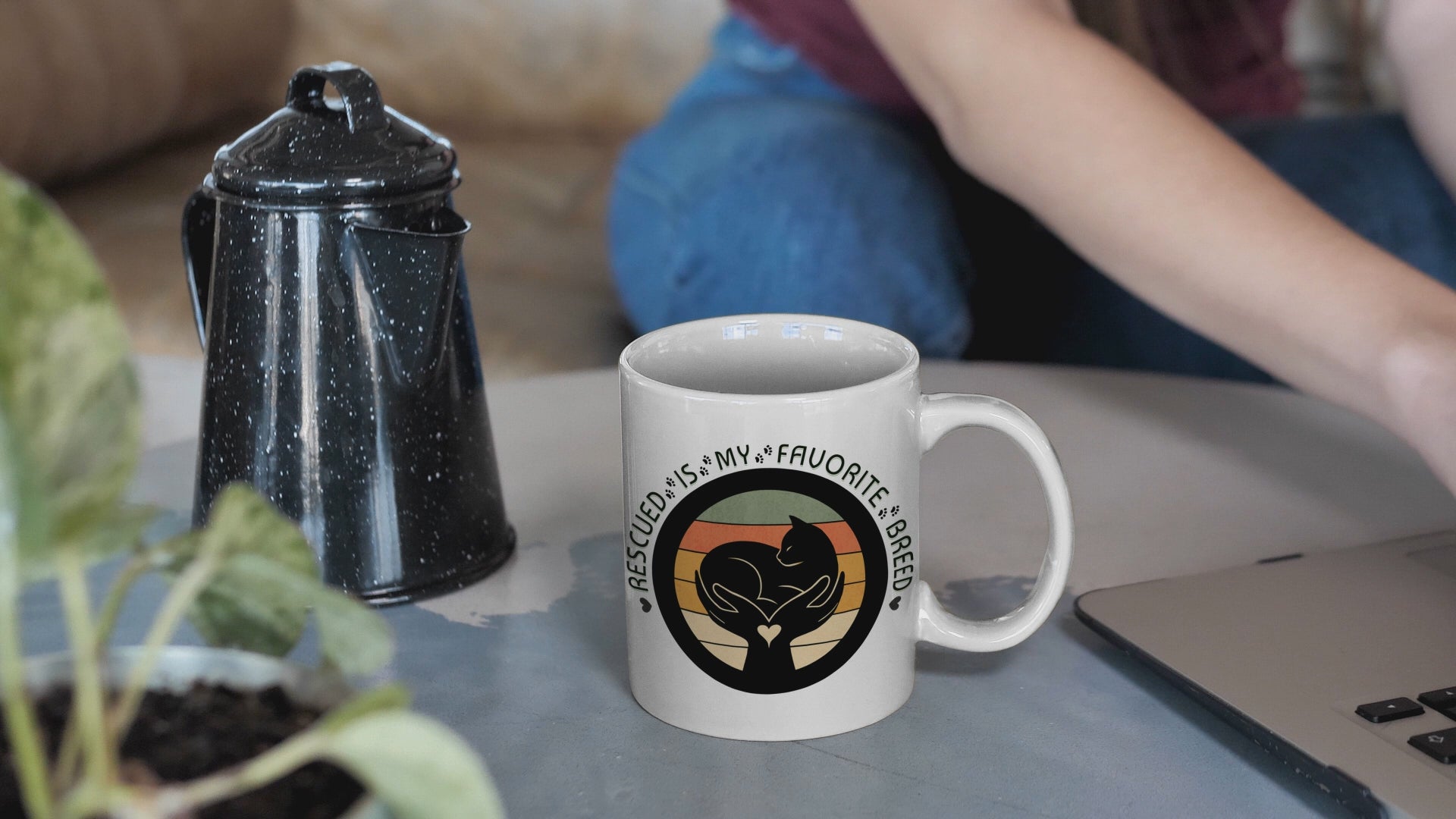 Video of woman pouring beverage in Rescued Is My Favorite Breed Cat Rescue Mug.