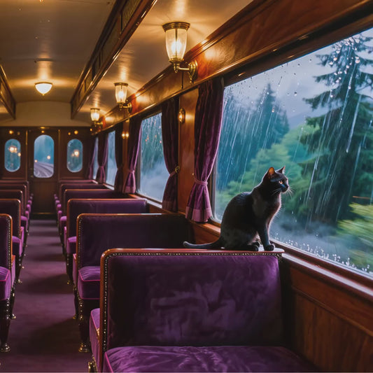 Black Cat Train Art | Vintage Railway Carriage, Rainy Window (4K Digital Download)