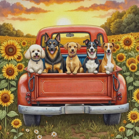 Five happy dogs sitting in the back of a vintage red truck surrounded by blooming sunflowers at sunset