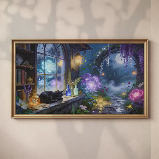 Black Cat Moonlit Garden Art | Fantasy Cottagecore Digital Download (16:9 Aspect Ratio)
