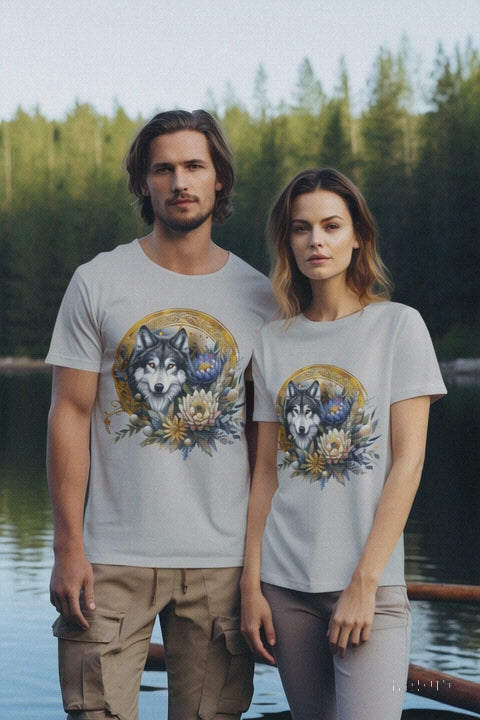 Video of couple wearing Majestic heather gray Wolf T-Shirts outdoors near a lake and forest
