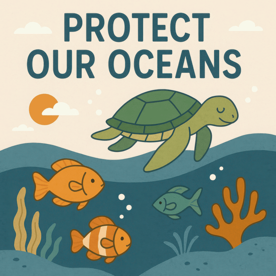 Underwater-themed illustration featuring a smiling sea turtle swimming above a group of colorful fish, coral, and sea plants. The background shows gentle ocean waves with a sun and clouds above. The text reads “Protect Our Oceans,” promoting marine conservation.