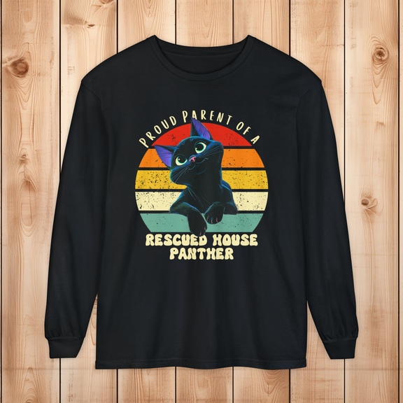 Comfort Colors white long-sleeve shirt with “Proud Parent of a Rescued House Panther” retro black cat design