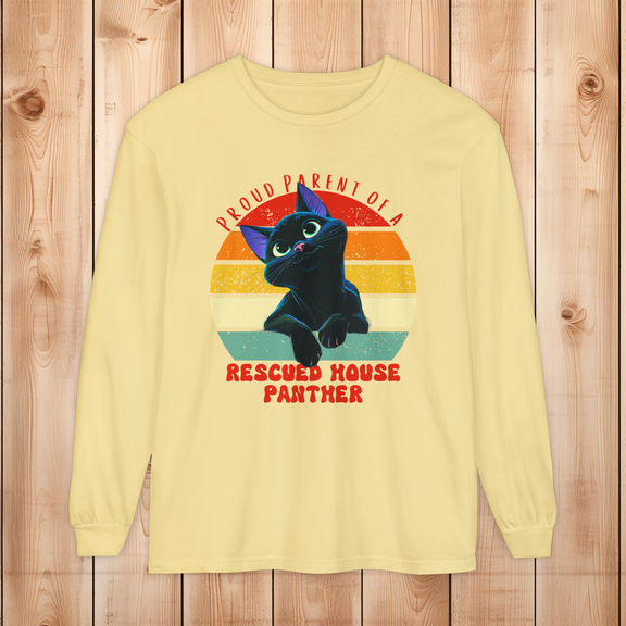 Comfort Colors butter long-sleeve shirt with rescued house panther retro graphic