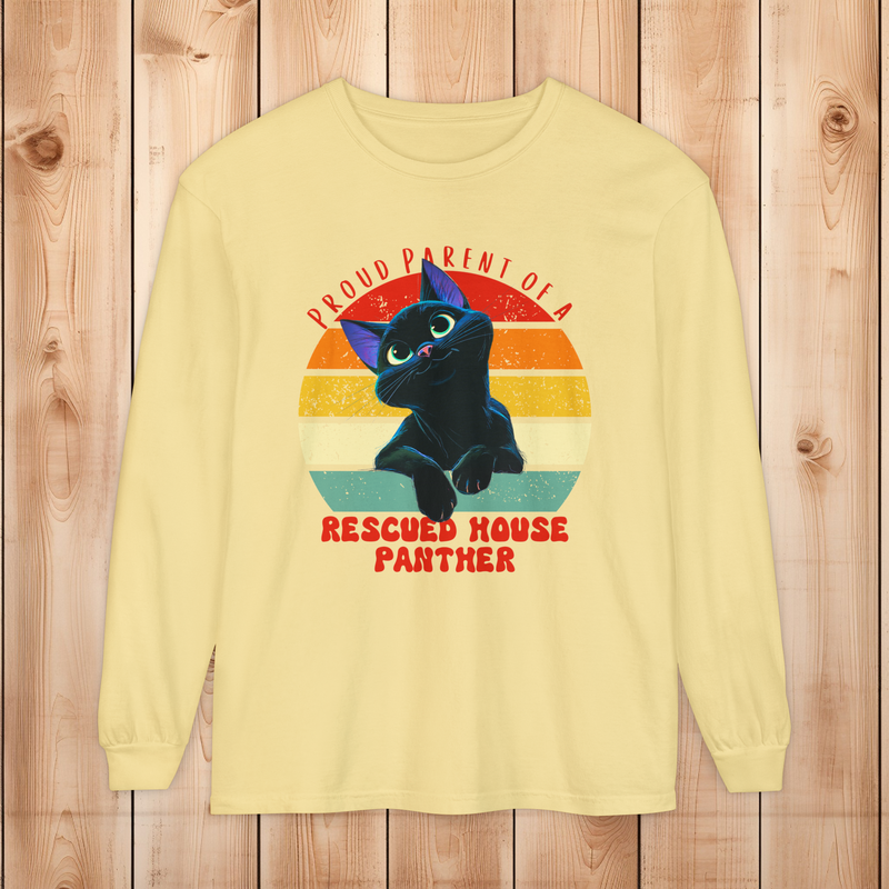 Comfort Colors butter long-sleeve shirt with rescued house panther retro graphic
