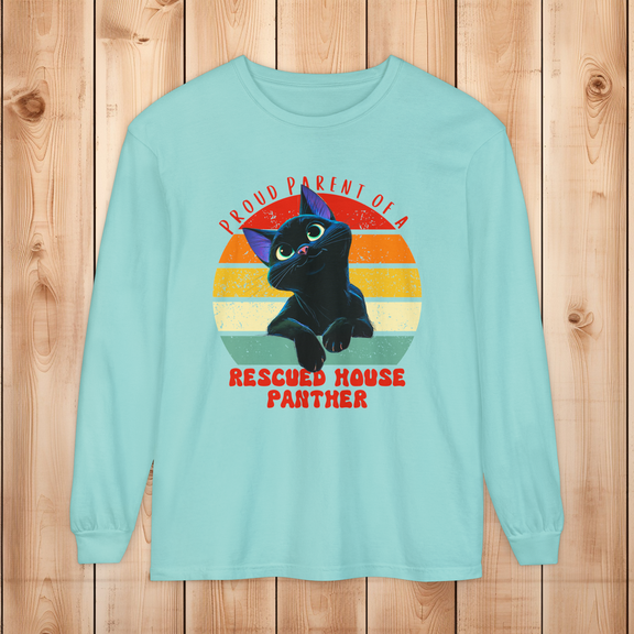 Comfort Colors chalky mint long-sleeve shirt with retro black cat rescued house panther graphic