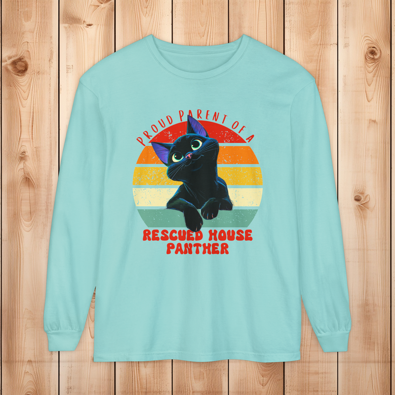 Comfort Colors chalky mint long-sleeve shirt with retro black cat rescued house panther graphic