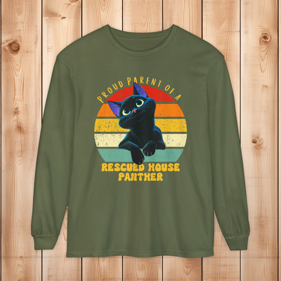 Comfort Colors hemp long-sleeve tee with proud parent rescued house panther design