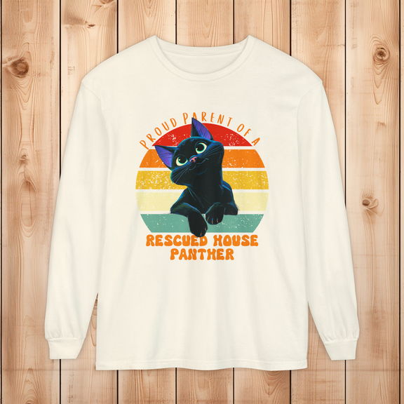 Comfort Colors ivory long-sleeve shirt with proud parent rescued house panther cat design