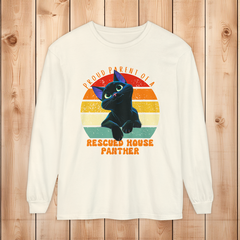 Comfort Colors ivory long-sleeve shirt with proud parent rescued house panther cat design