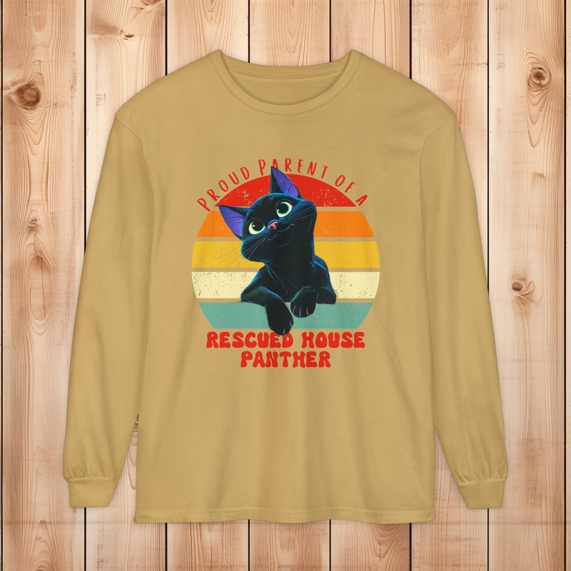 Comfort Colors mustard long-sleeve tee with retro black cat rescued house panther artwork