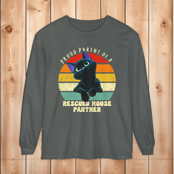 Comfort Colors pepper long-sleeve shirt with rescued house panther retro cat graphic